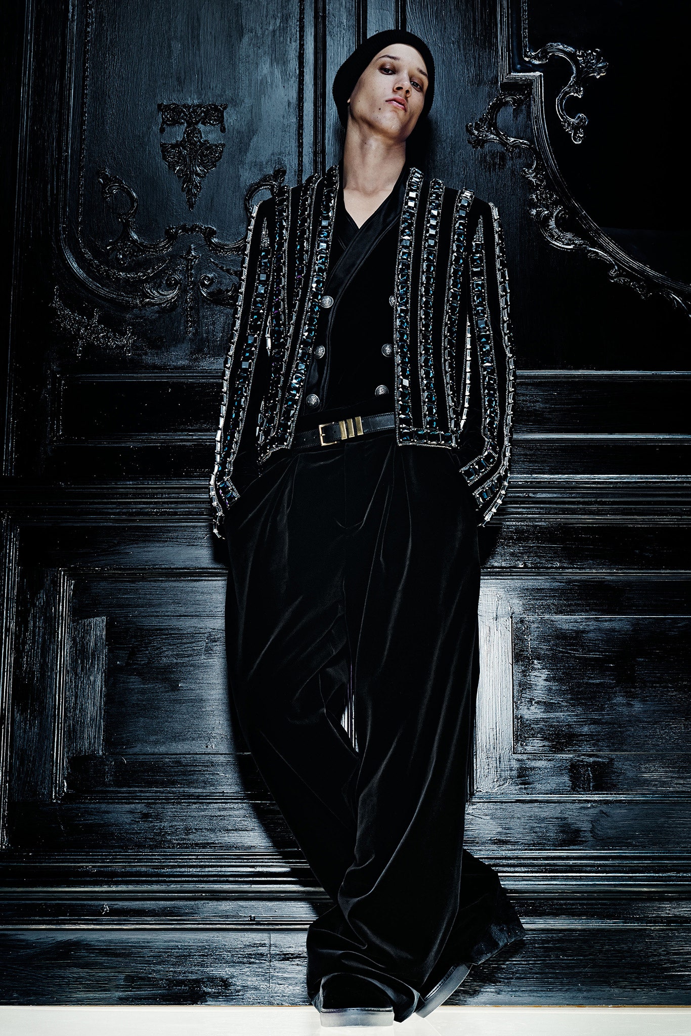 black velvet embellished blazer and pants