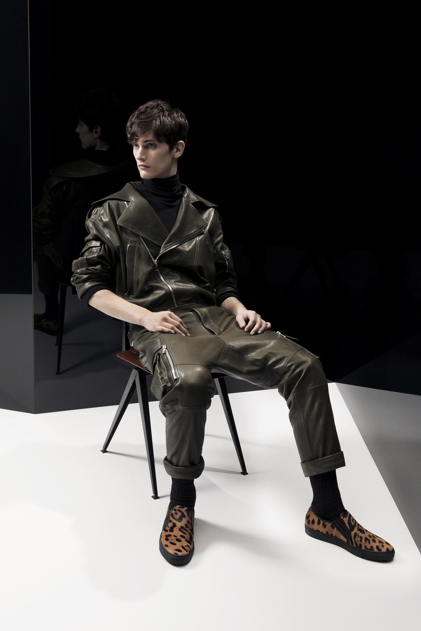 black leather fitted jacket and pants