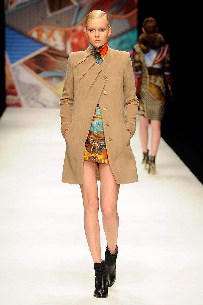 beige wool coat with multi dress
