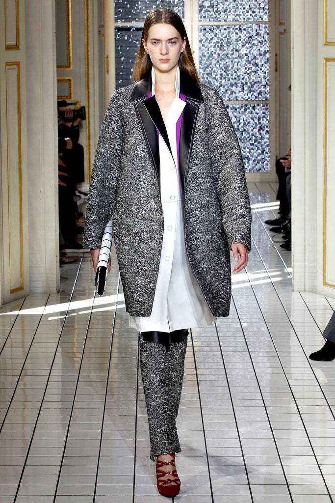 gray wool coat with white dress