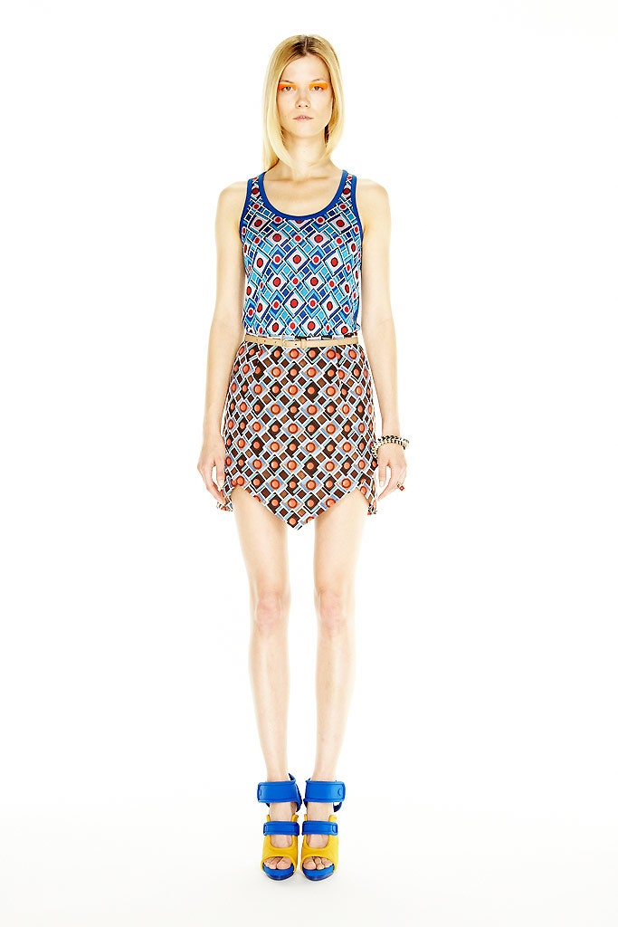 colorful printed top and asymmetric skirt