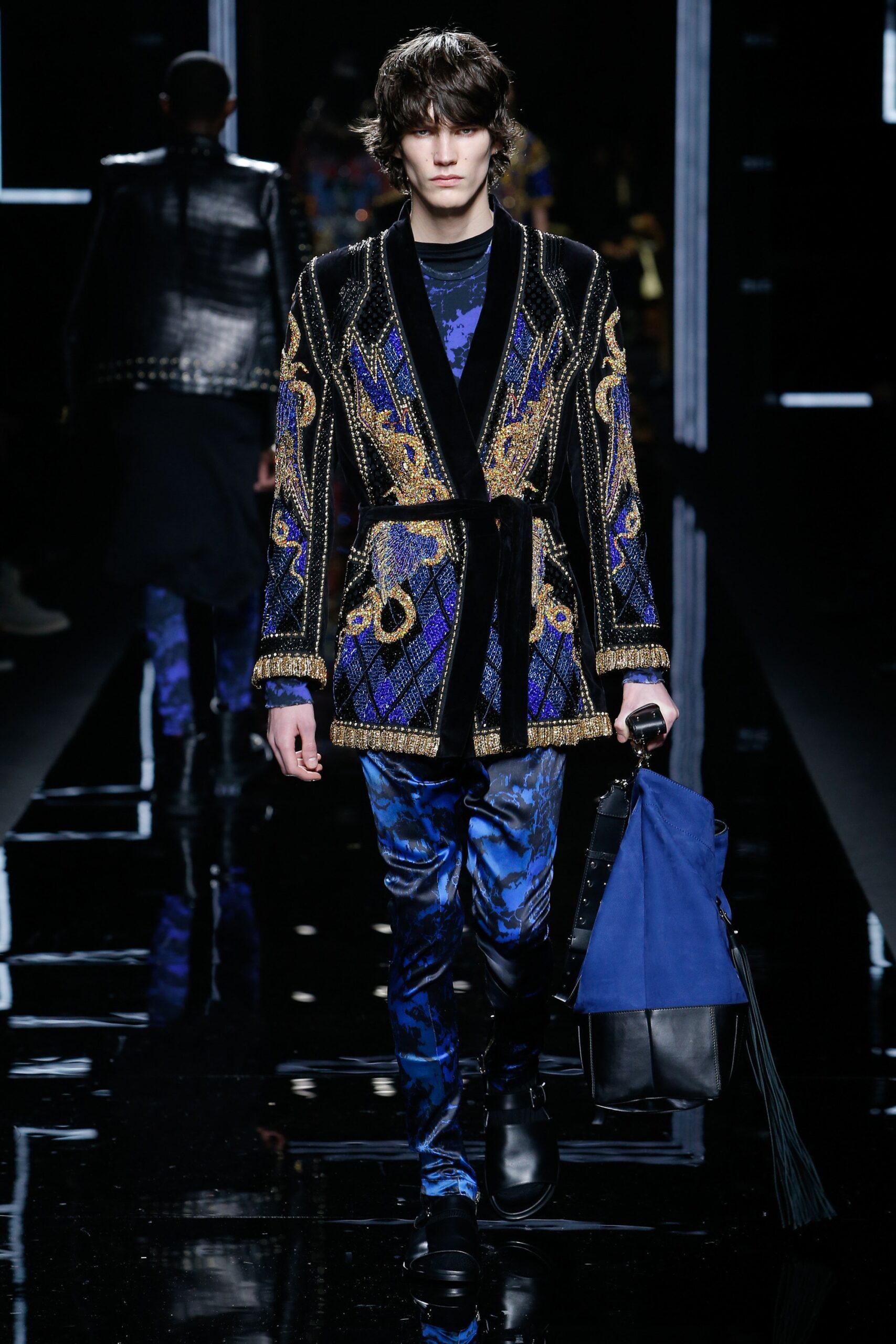 blue silk slim printed pants
