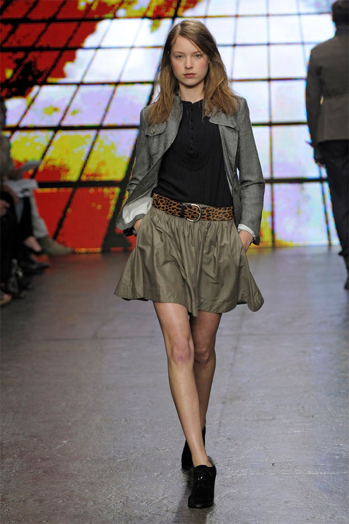 gray blazer black top olive skirt