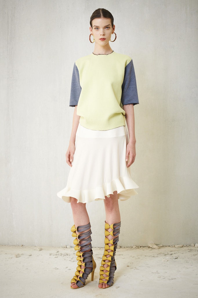 fitted yellow blue top with midi skirt