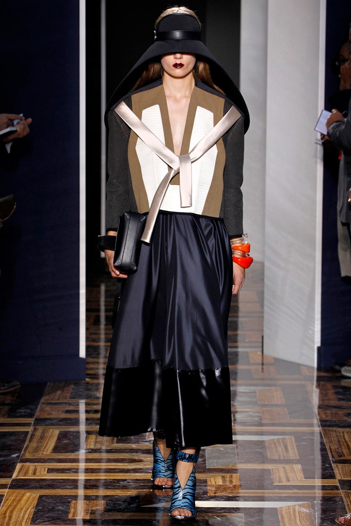 black and beige structured blazer with midi skirt
