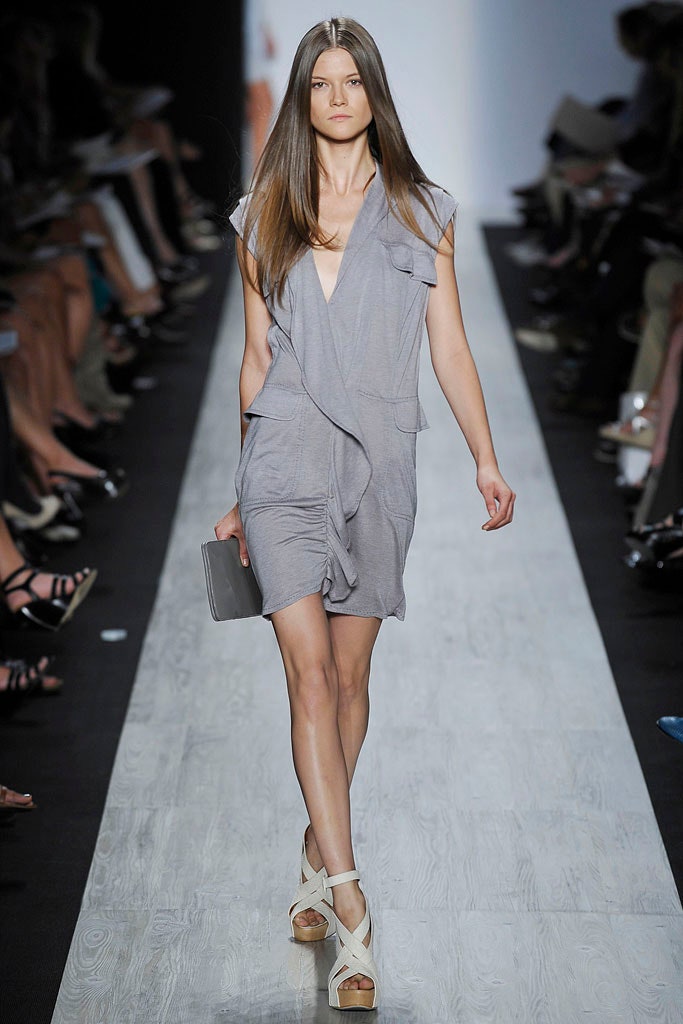gray cotton sleeveless v-neck fitted draped pockets dress