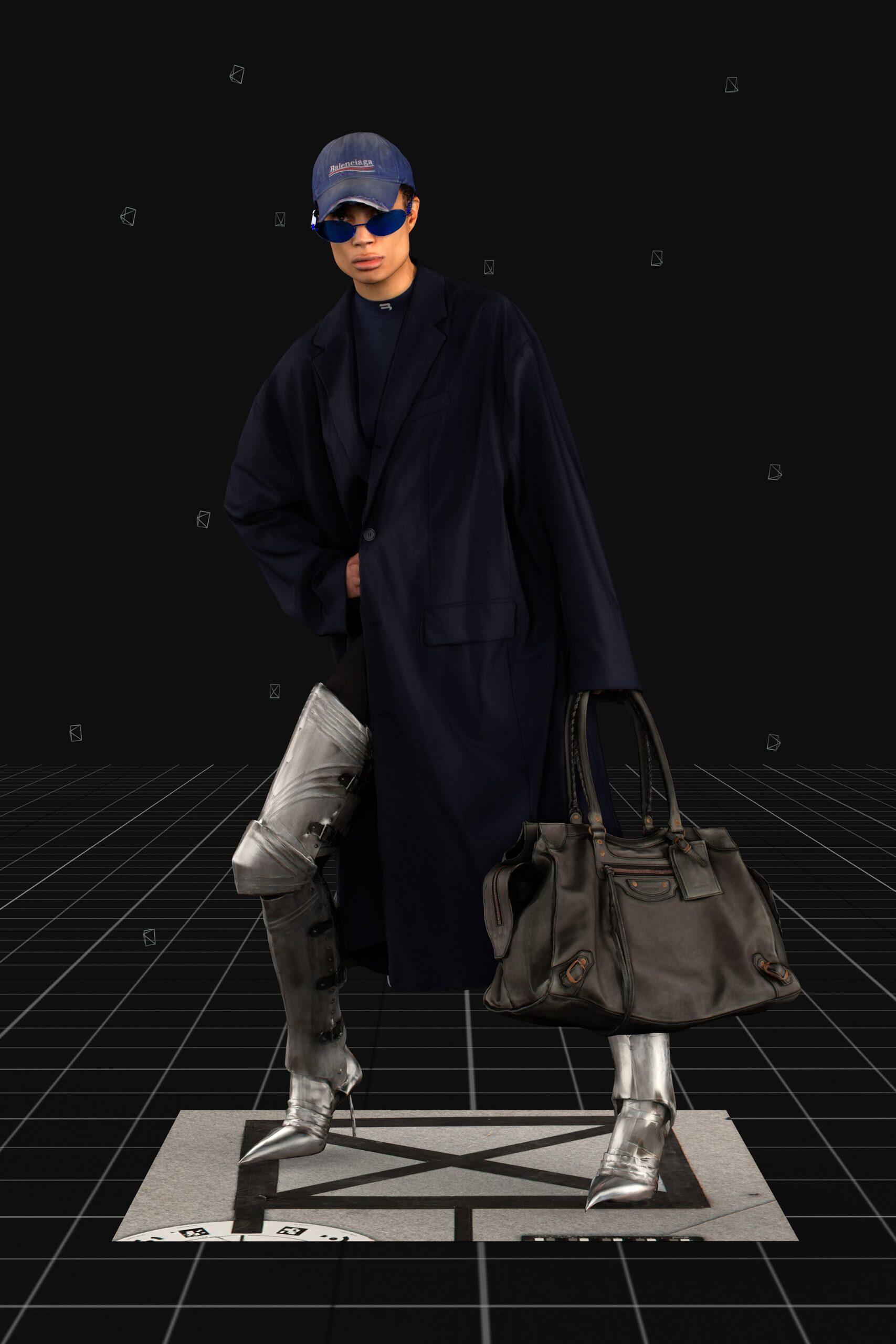 gray metallic fitted straight-leg shiny pants