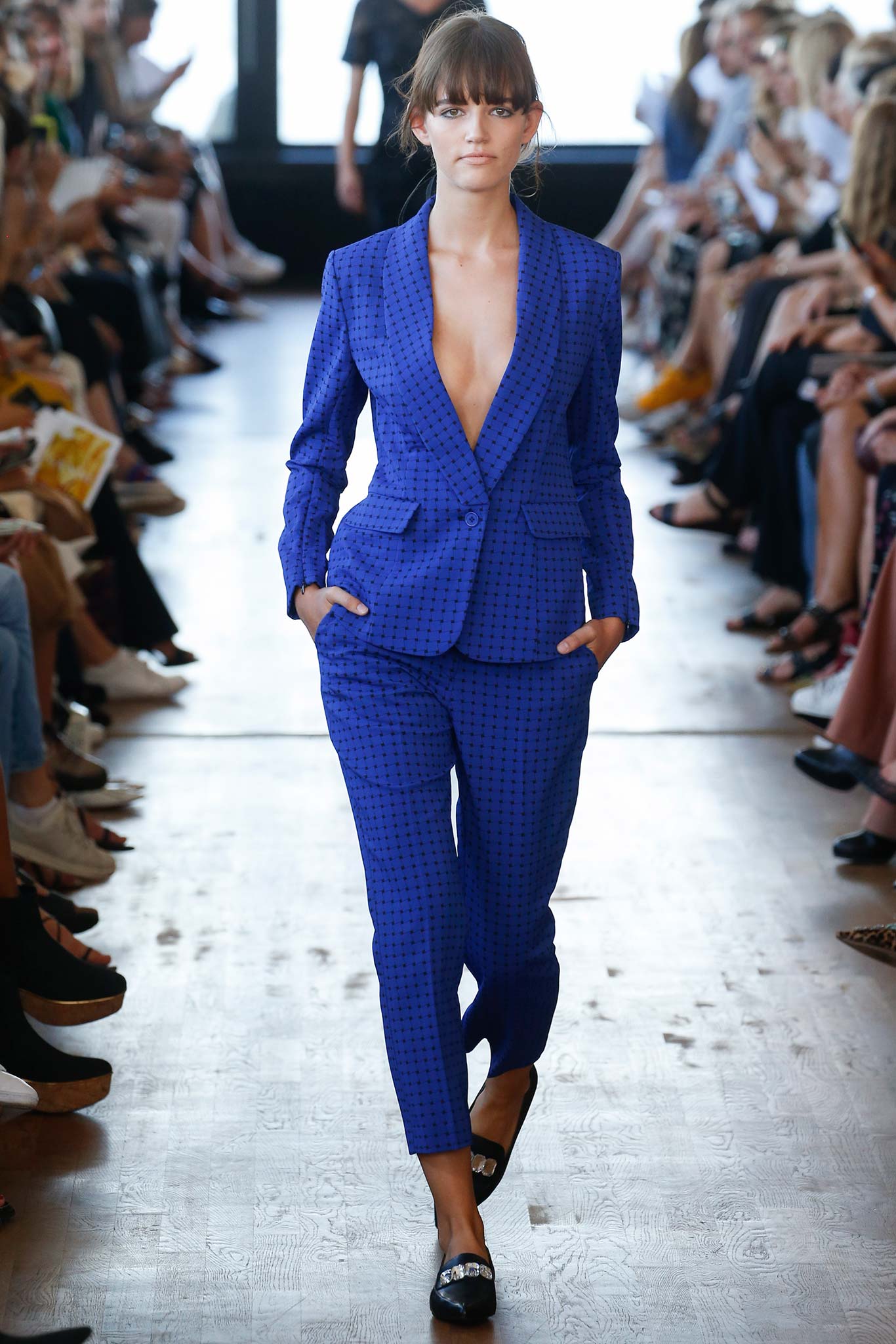 blue cotton long-sleeve v-neck tailored checked buttoned suit