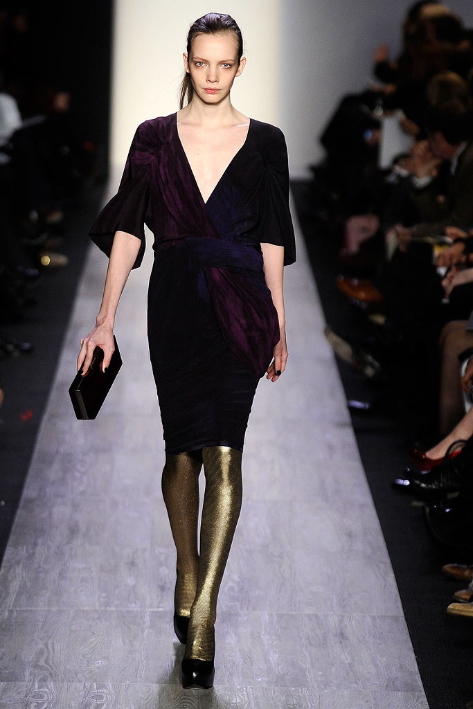 black and purple draped dress