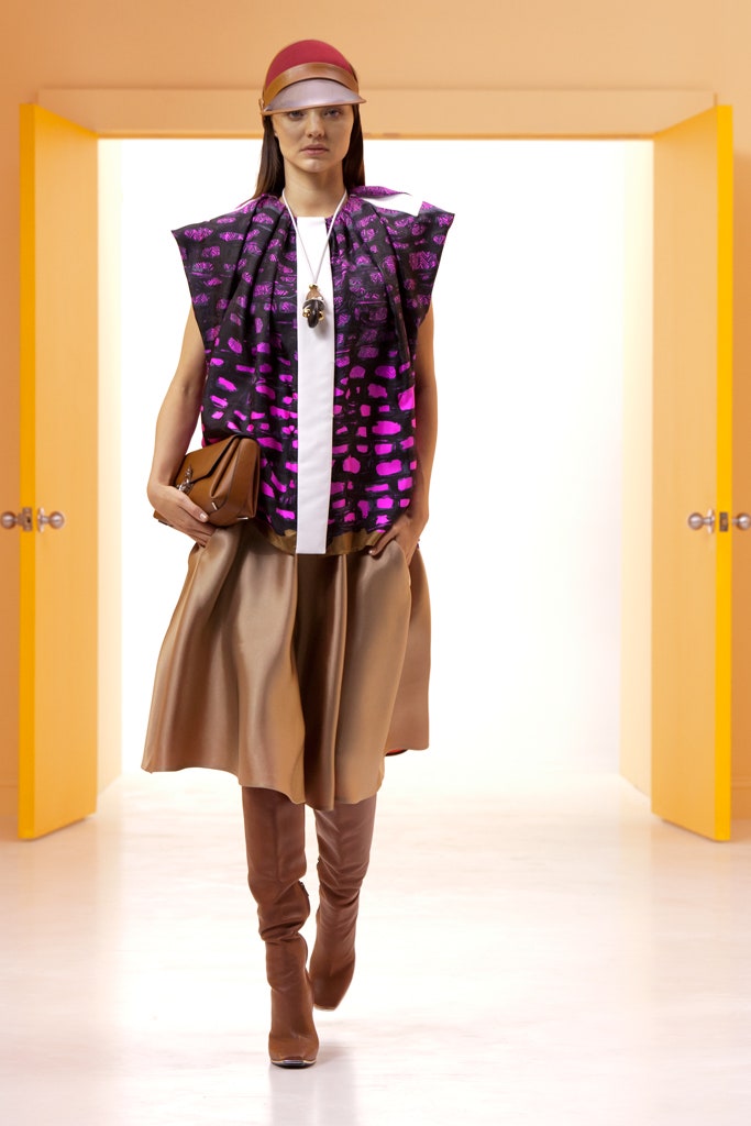 white relaxed top with brown midi skirt