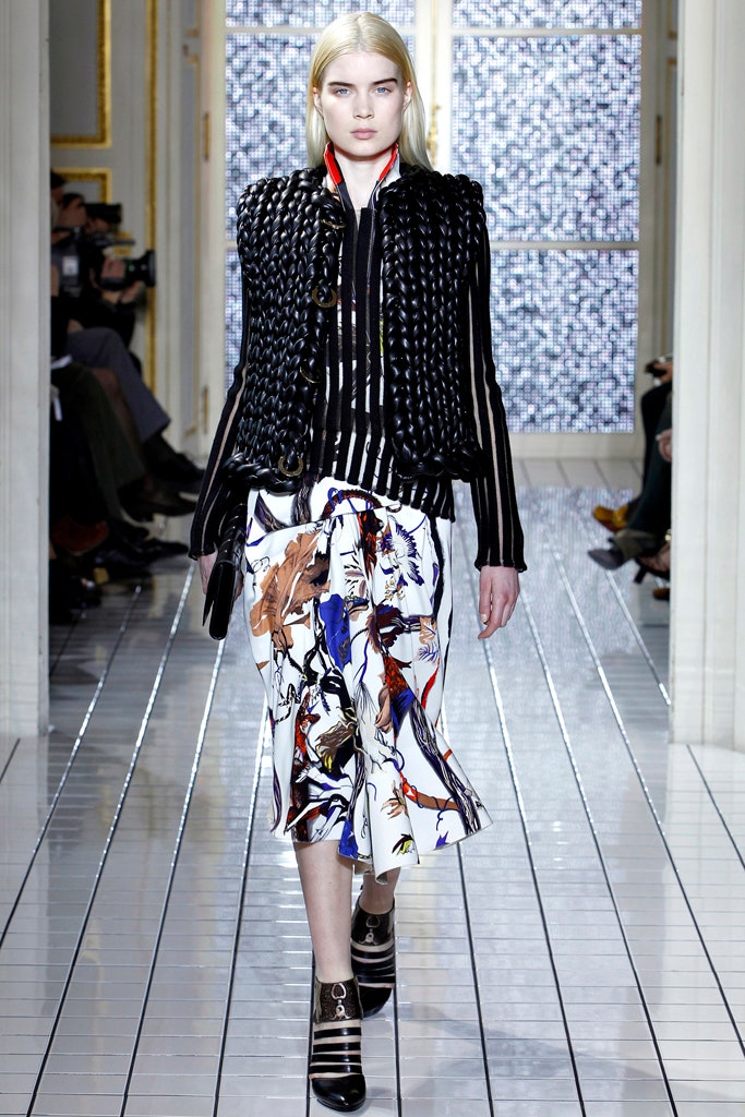 black and white striped jacket with flared skirt
