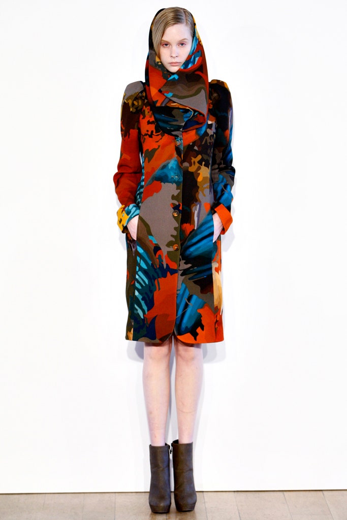 multi-colored printed coat with scarf