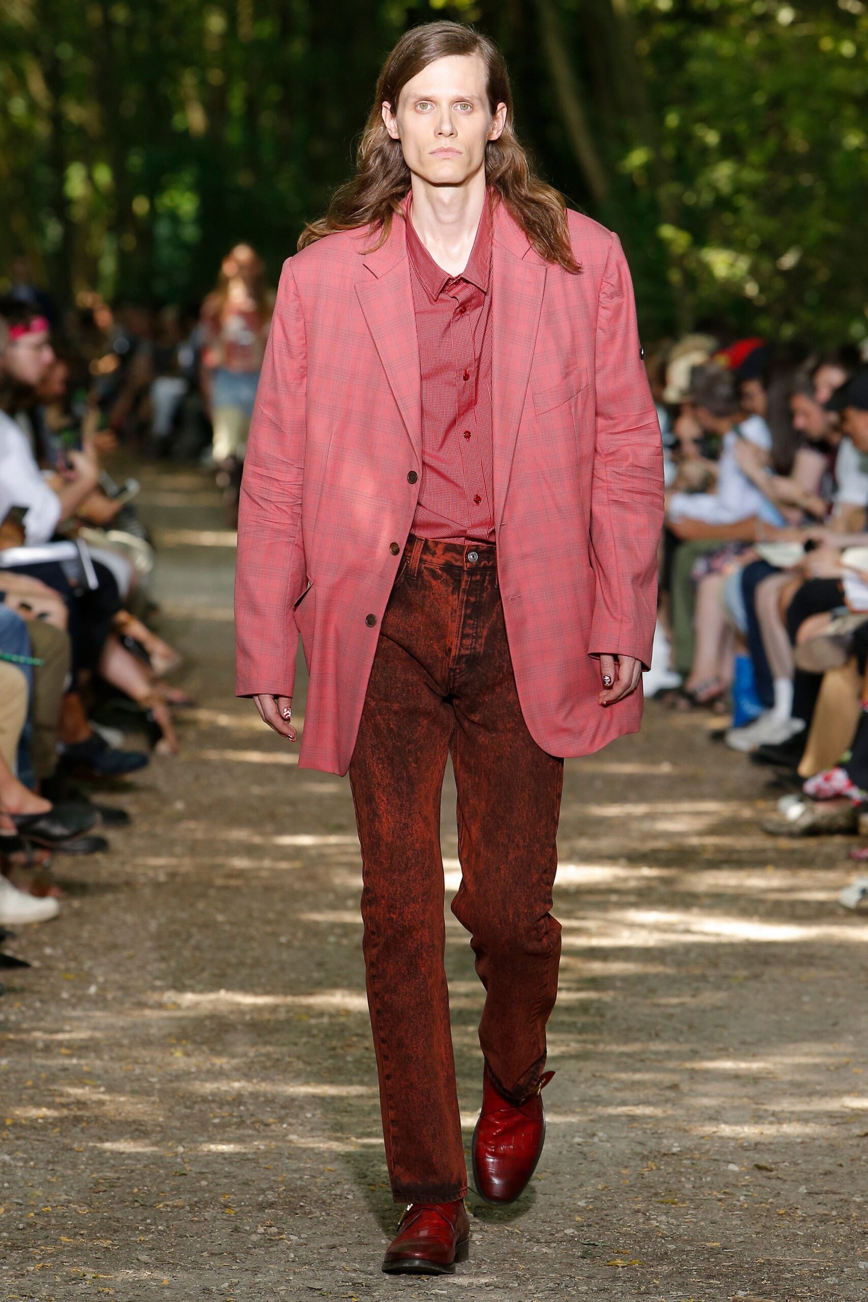 red and pink checked blazer outfit