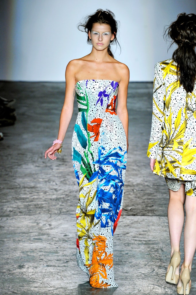 multi-colored strapless gown