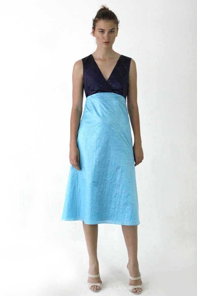 blue color-blocked satin midi-dress