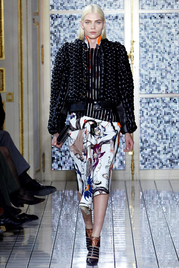 black fitted jacket with printed midi skirt