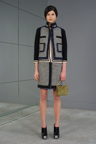 fitted black and white jacket with pencil skirt