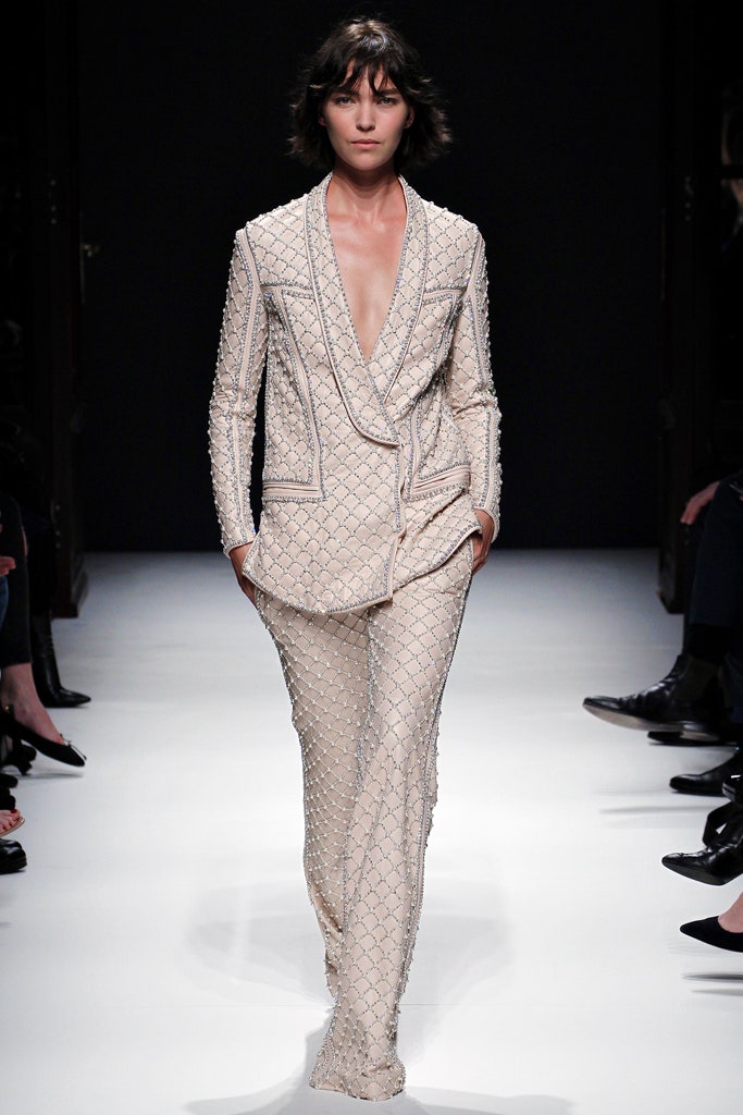 beige embroidered silk suit