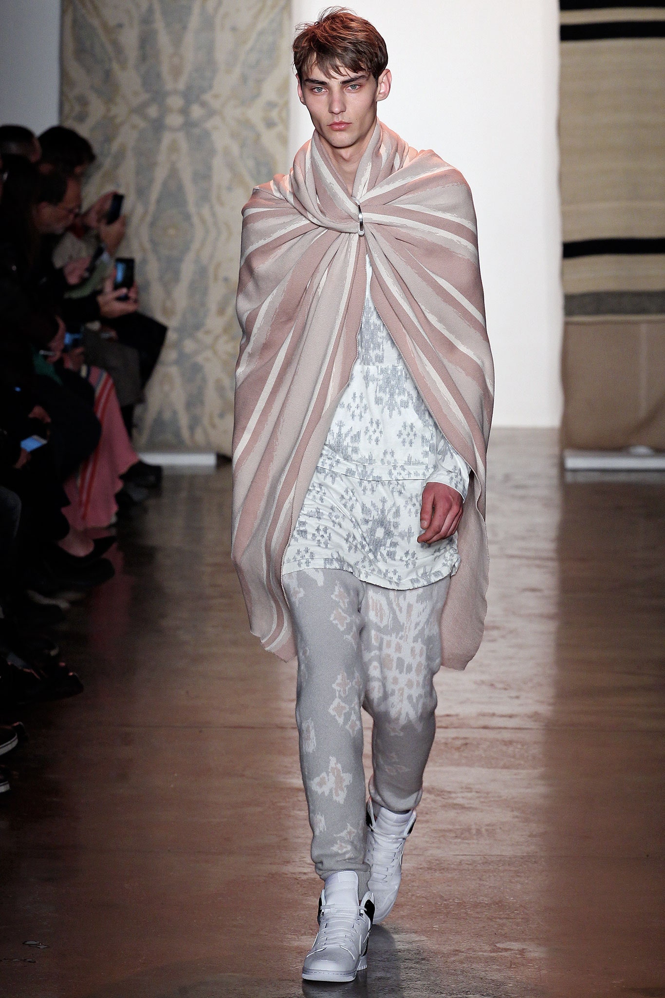 pink beige wool poncho with gray pants