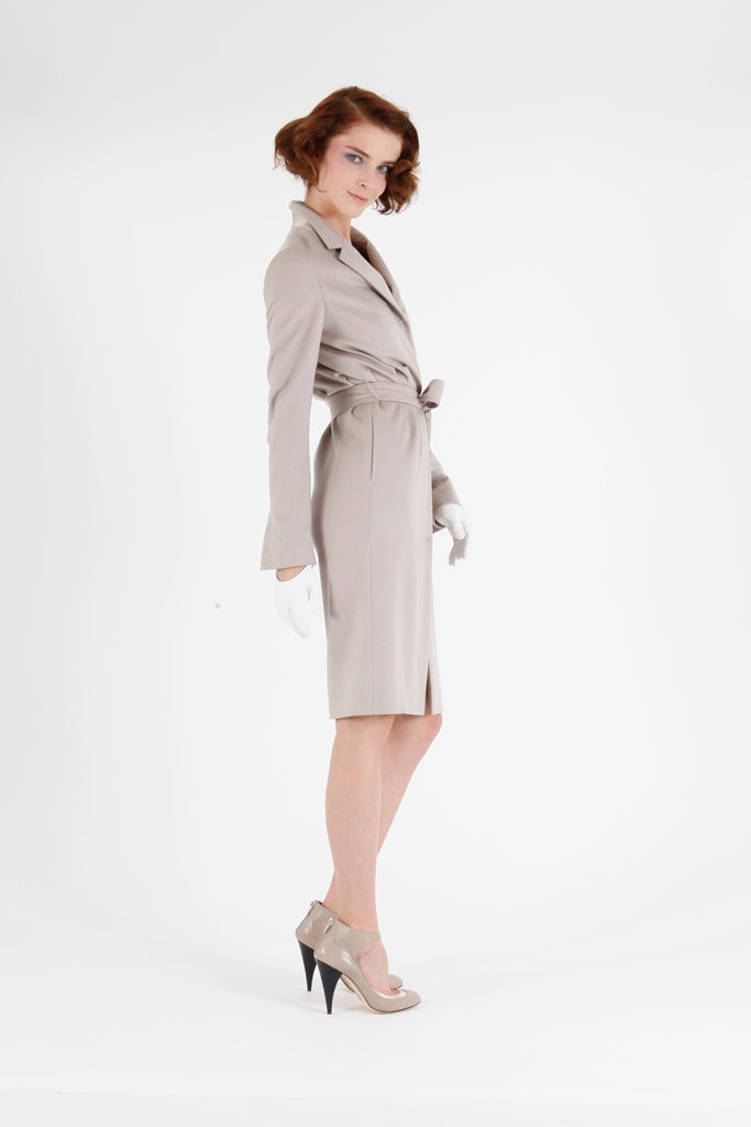 beige fitted wrap dress