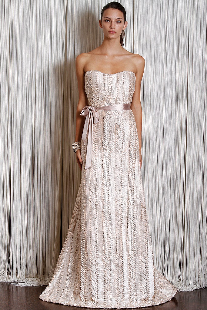 beige silk strapless gown