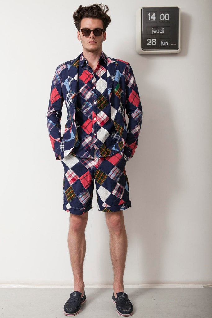 checked blue and red suit with shorts