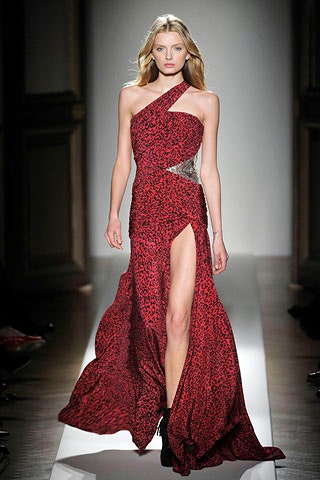 red silk fitted gown