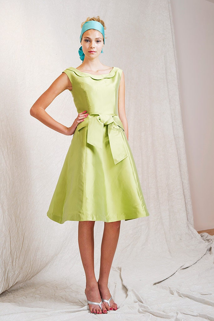 green silk belted dress