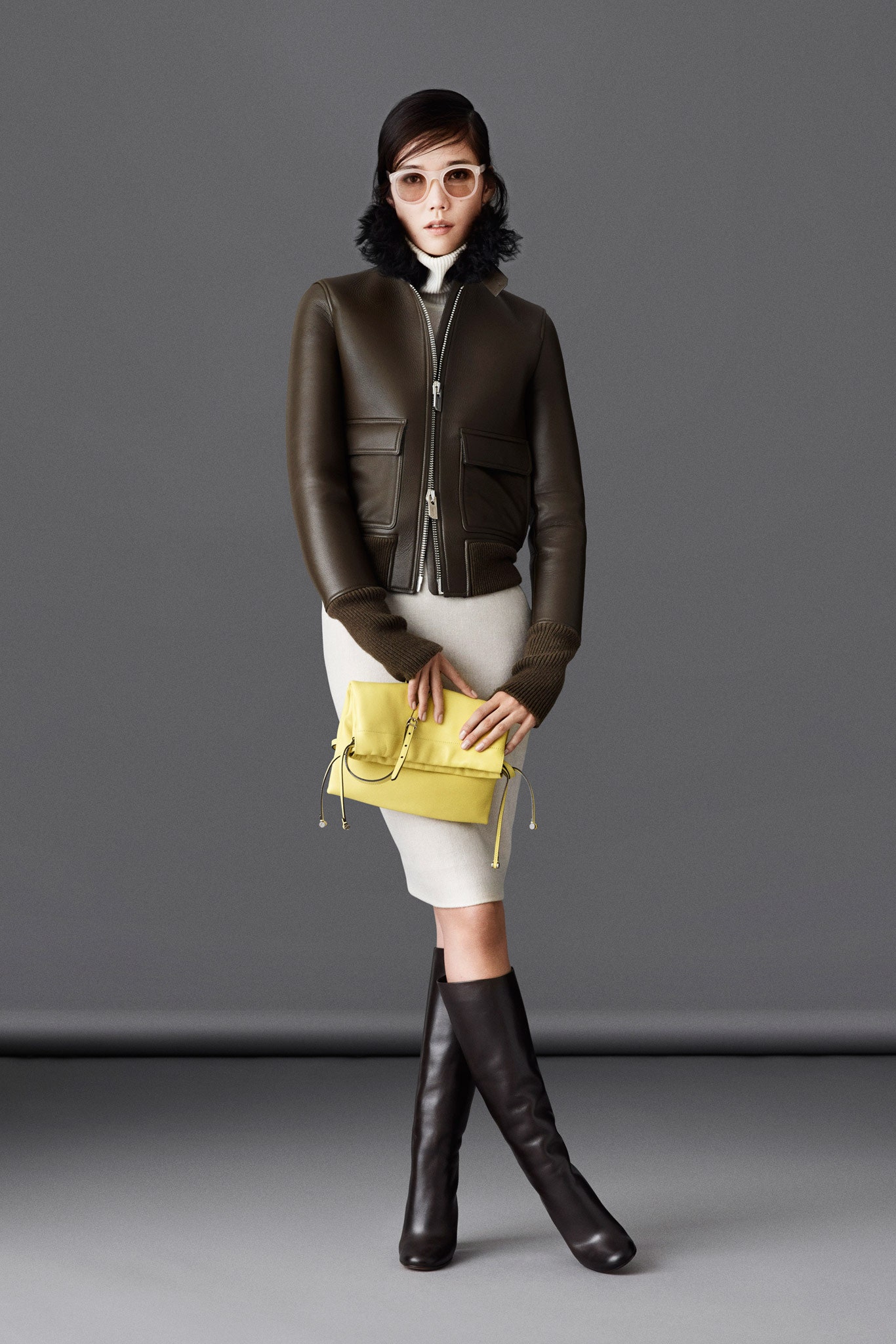 brown leather jacket gray dress