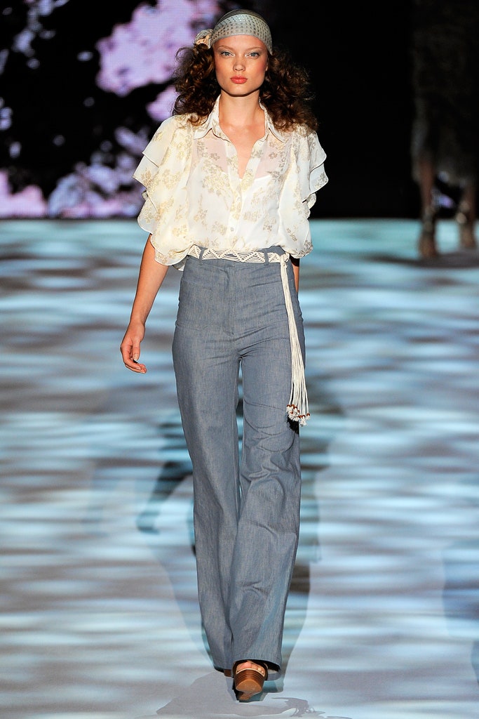 blue denim fitted flared pants