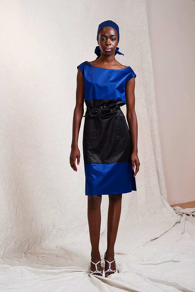 blue and black color-blocked dress