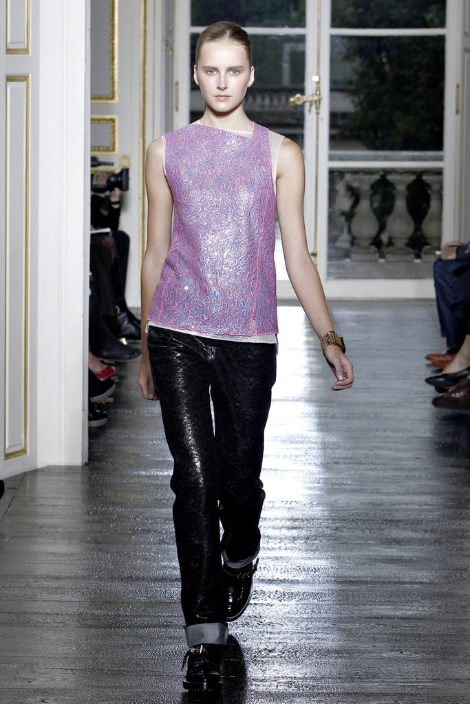 pink silk sleeveless high-neck fitted textured shiny top