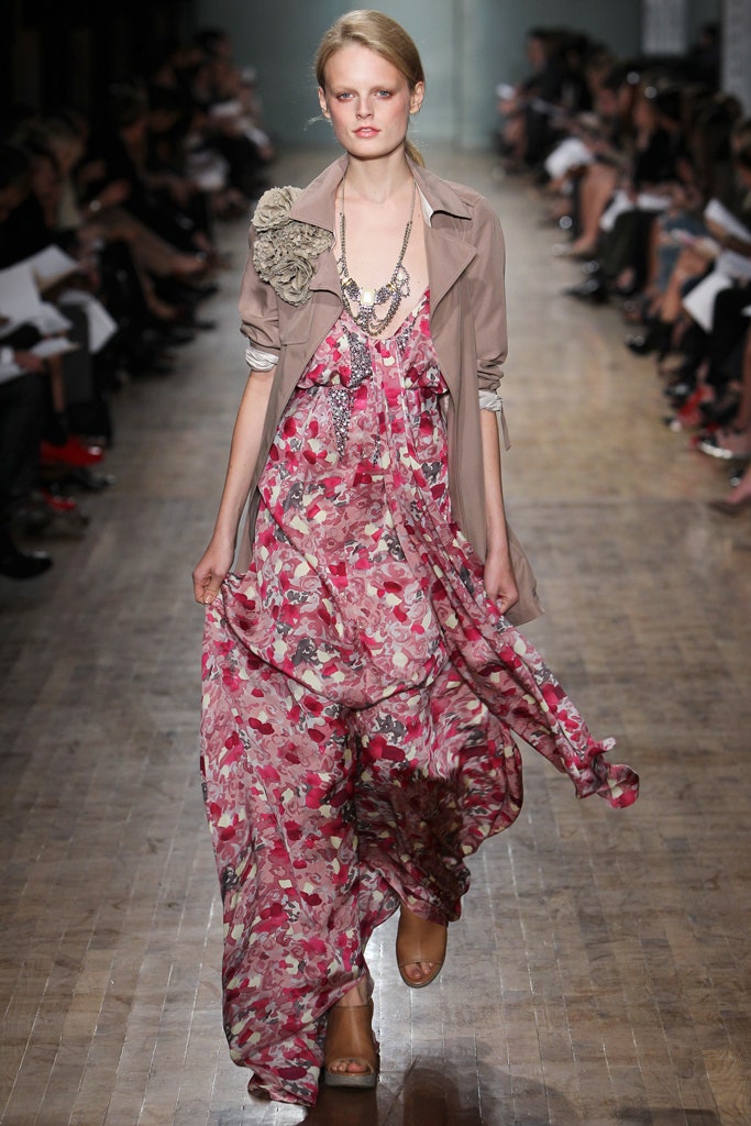 floral maxi dress with beige jacket