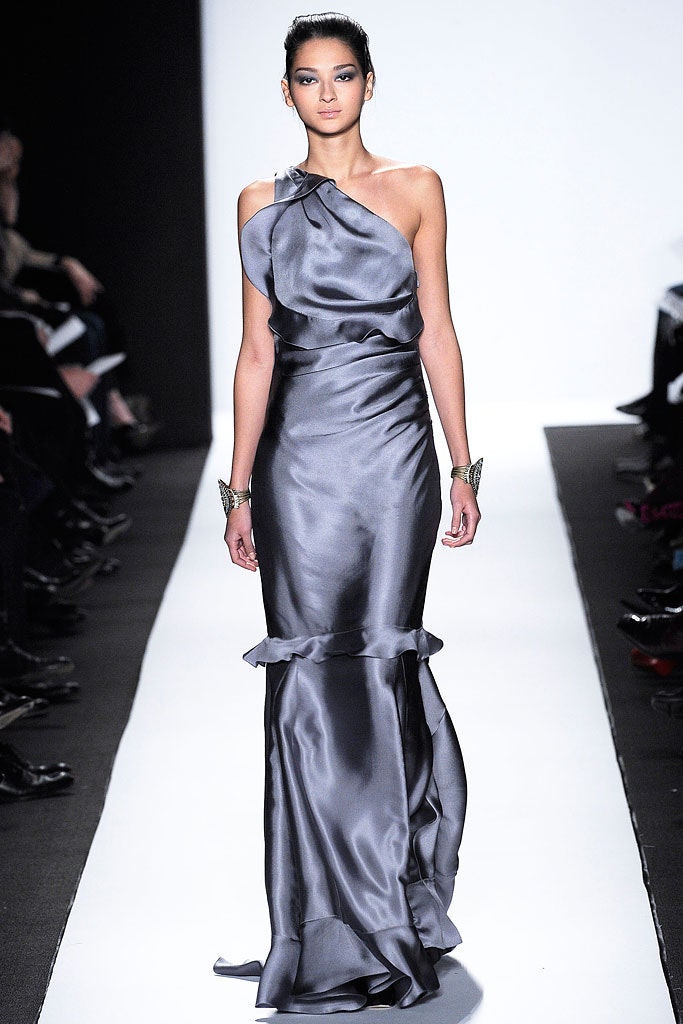 gray silk off-shoulder gown