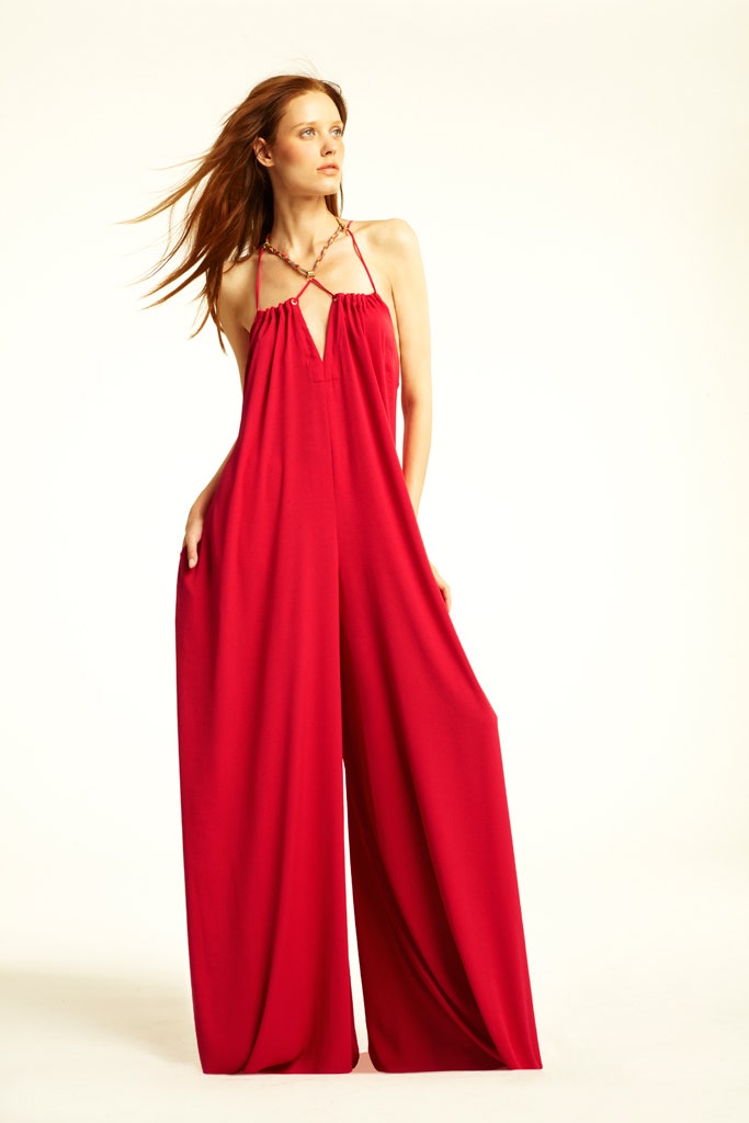 red silk sleeveless jumpsuit