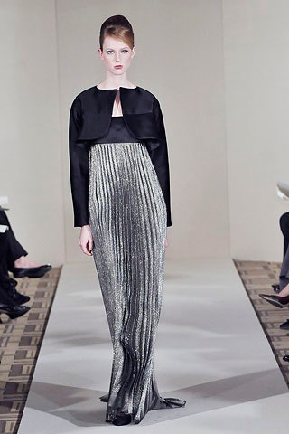 silver pleated gown with black jacket