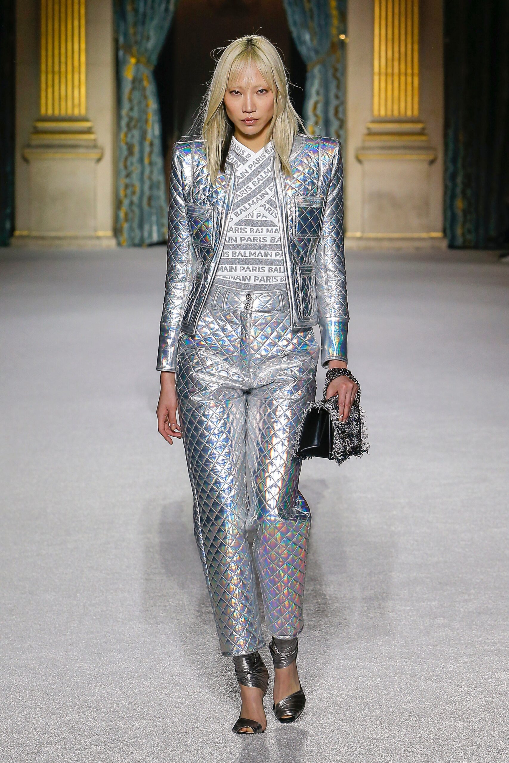 fitted silver metallic suit