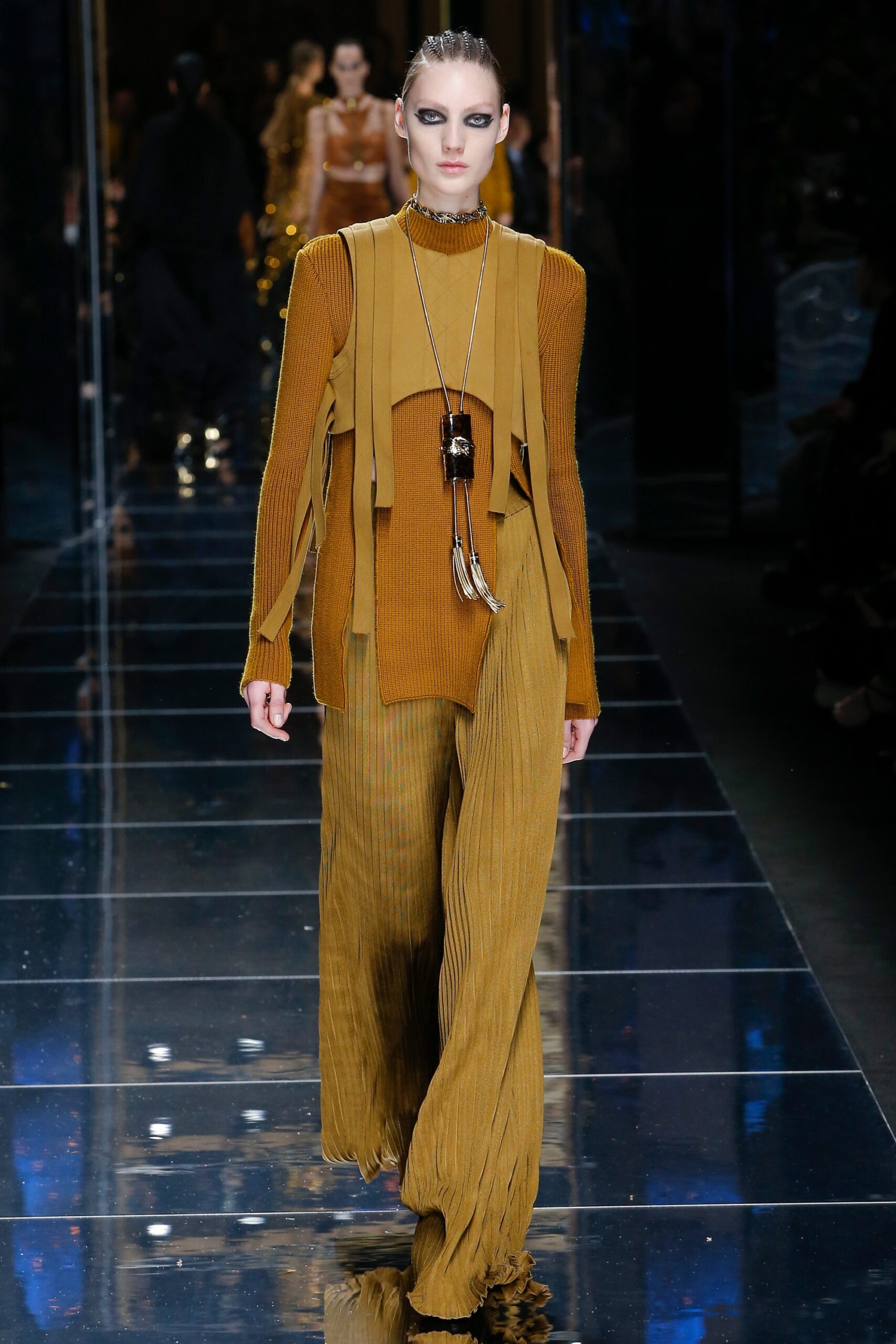 brown knit fitted top and relaxed pants