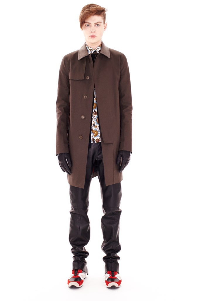 brown tailored coat with printed shirt