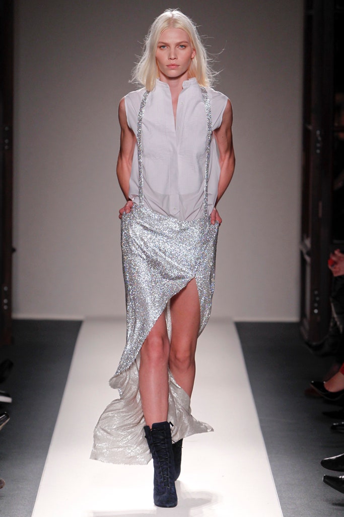 white collared top silver pleated skirt