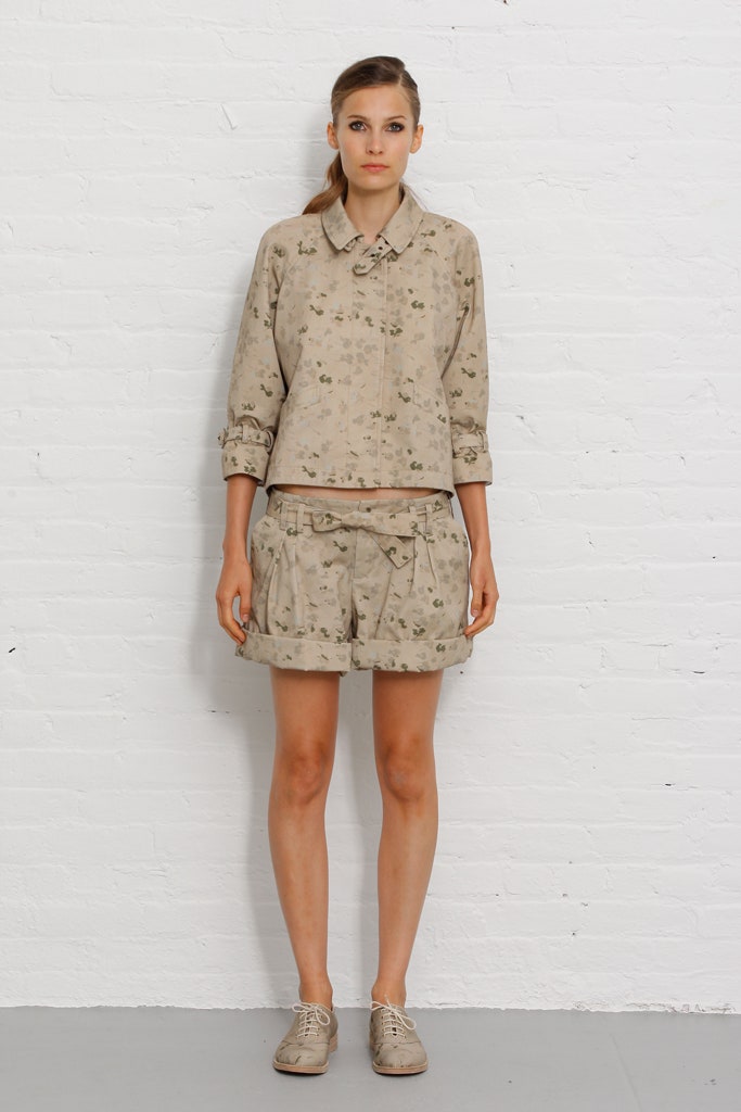 beige printed jacket and shorts