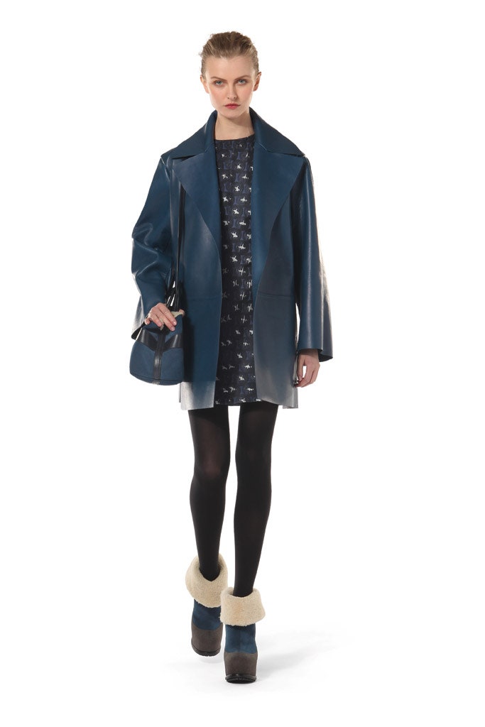 blue leather long-sleeve collared oversized coat