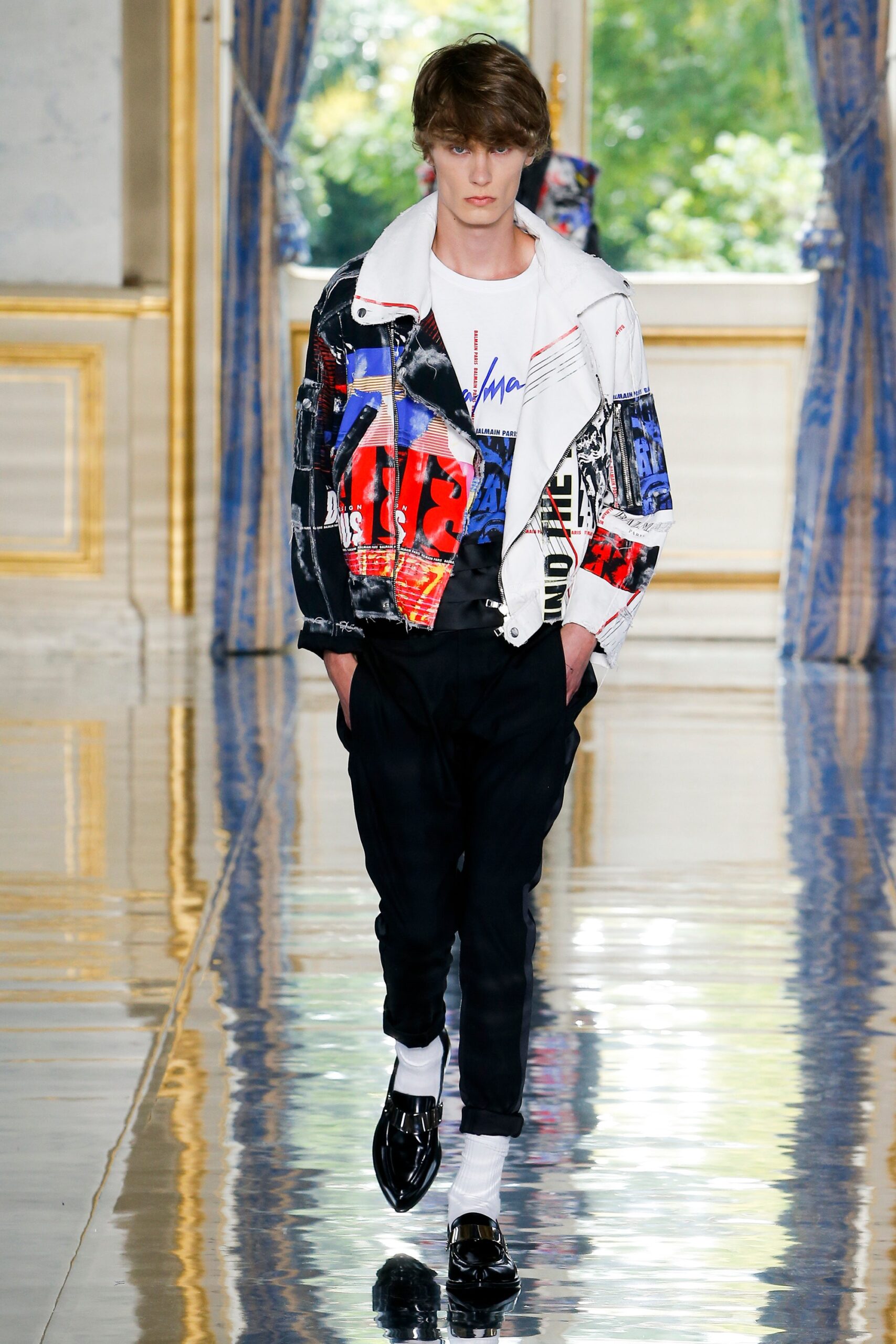 color-blocked jacket with relaxed pants