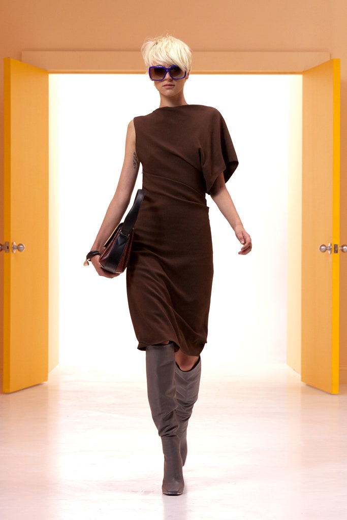 brown asymmetric midi dress