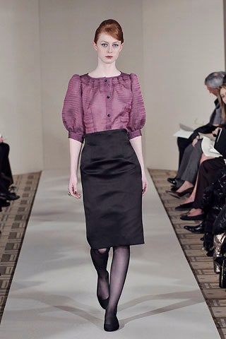purple silk fitted blouse and black pencil skirt