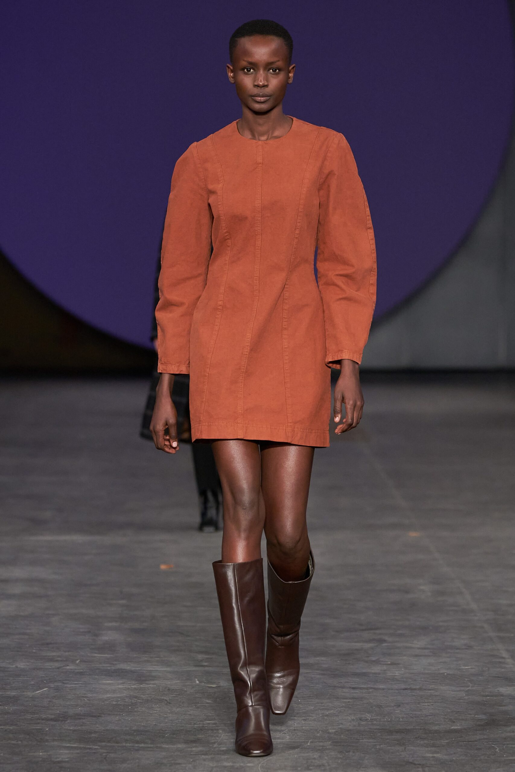 brown cotton mini dress with boots