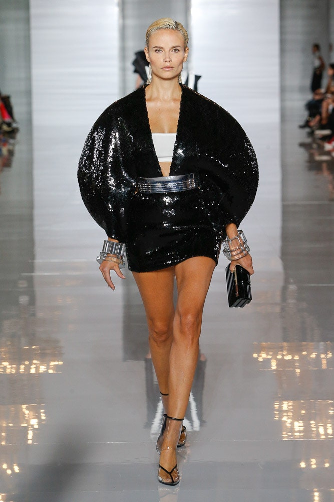 black sequin long-sleeve collared fitted padded shiny blazer