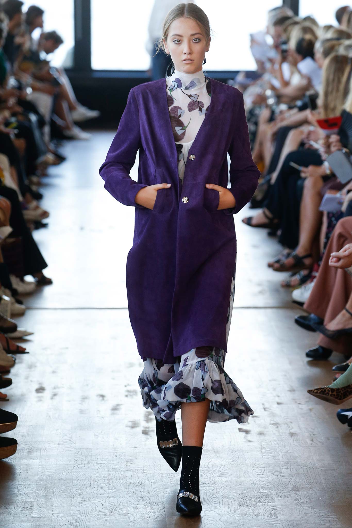 purple suede coat and white dress