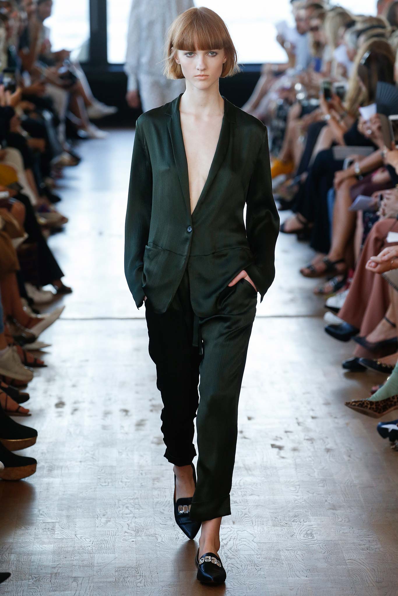 green silk tailored suit