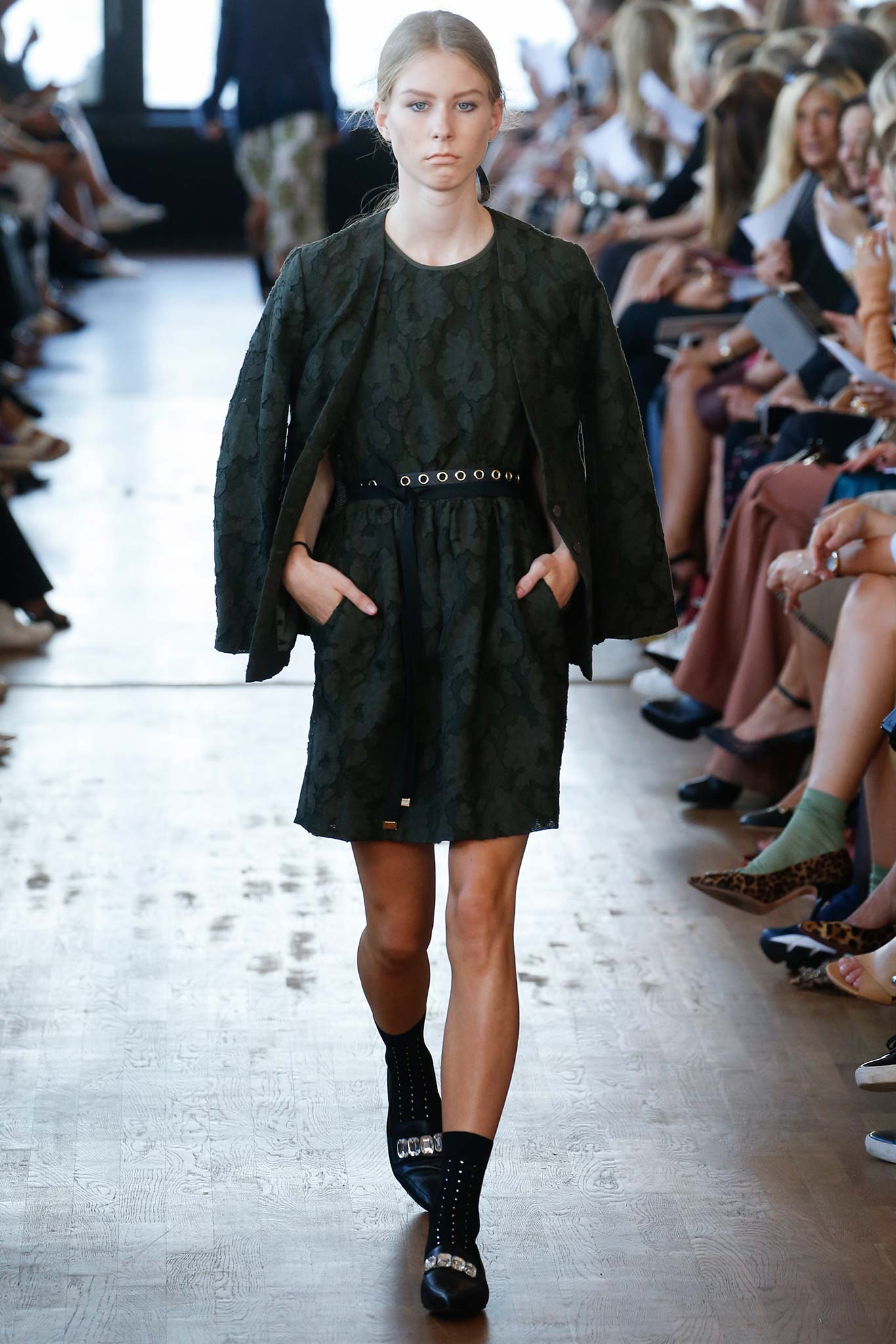 green fitted dress with jacket